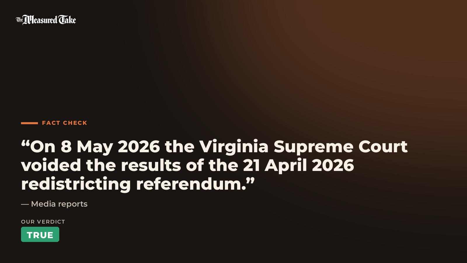 Media reports: “On 8 May 2026 the Virginia Supreme Court voided the results of the 21 April 2026 redistricting referendum.”. Our verdict: True.