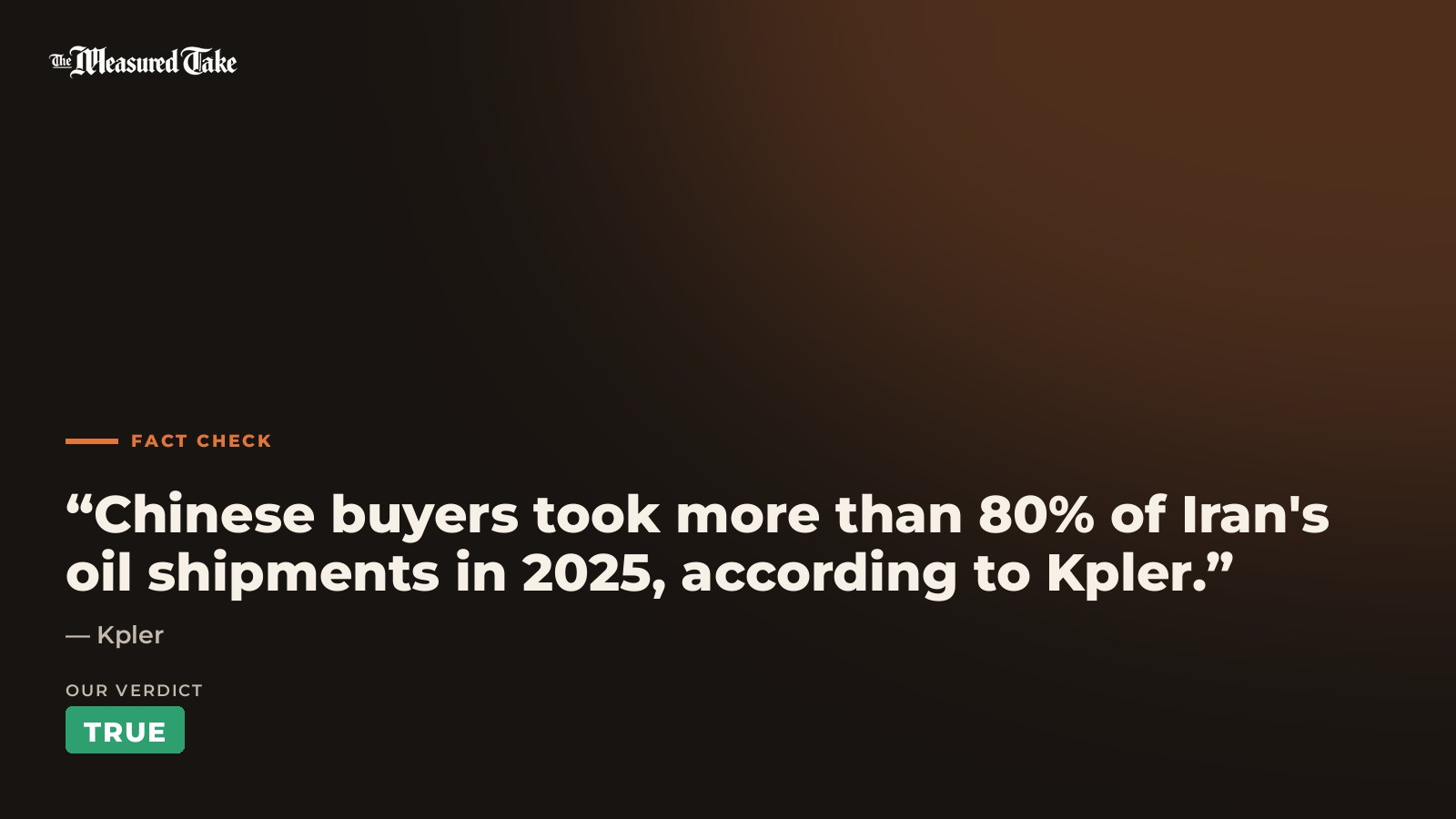 Kpler: “Chinese buyers took more than 80% of Iran's oil shipments in 2025, according to Kpler.”. Our verdict: True.