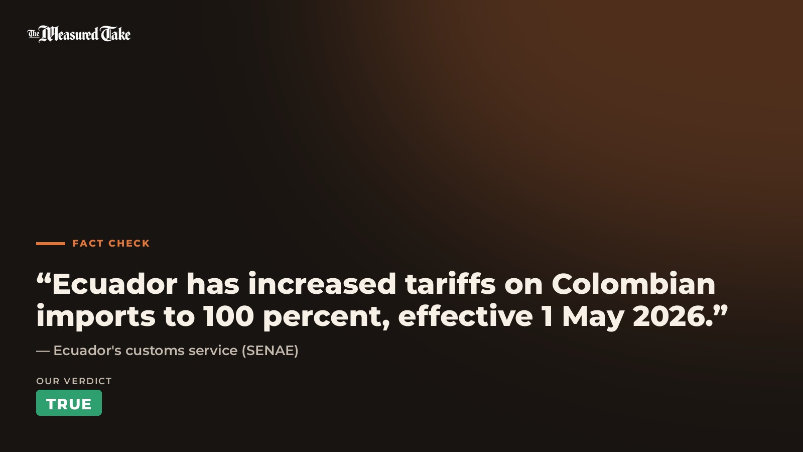 Ecuador's customs service (SENAE): “Ecuador has increased tariffs on Colombian imports to 100 percent, effective 1 May 2026.”. Our verdict: True.