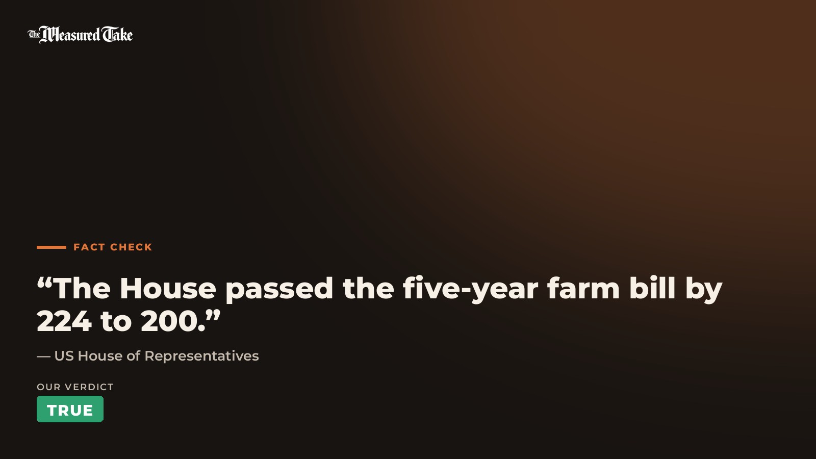 US House of Representatives: “The House passed the five-year farm bill by 224 to 200.”. Our verdict: True.