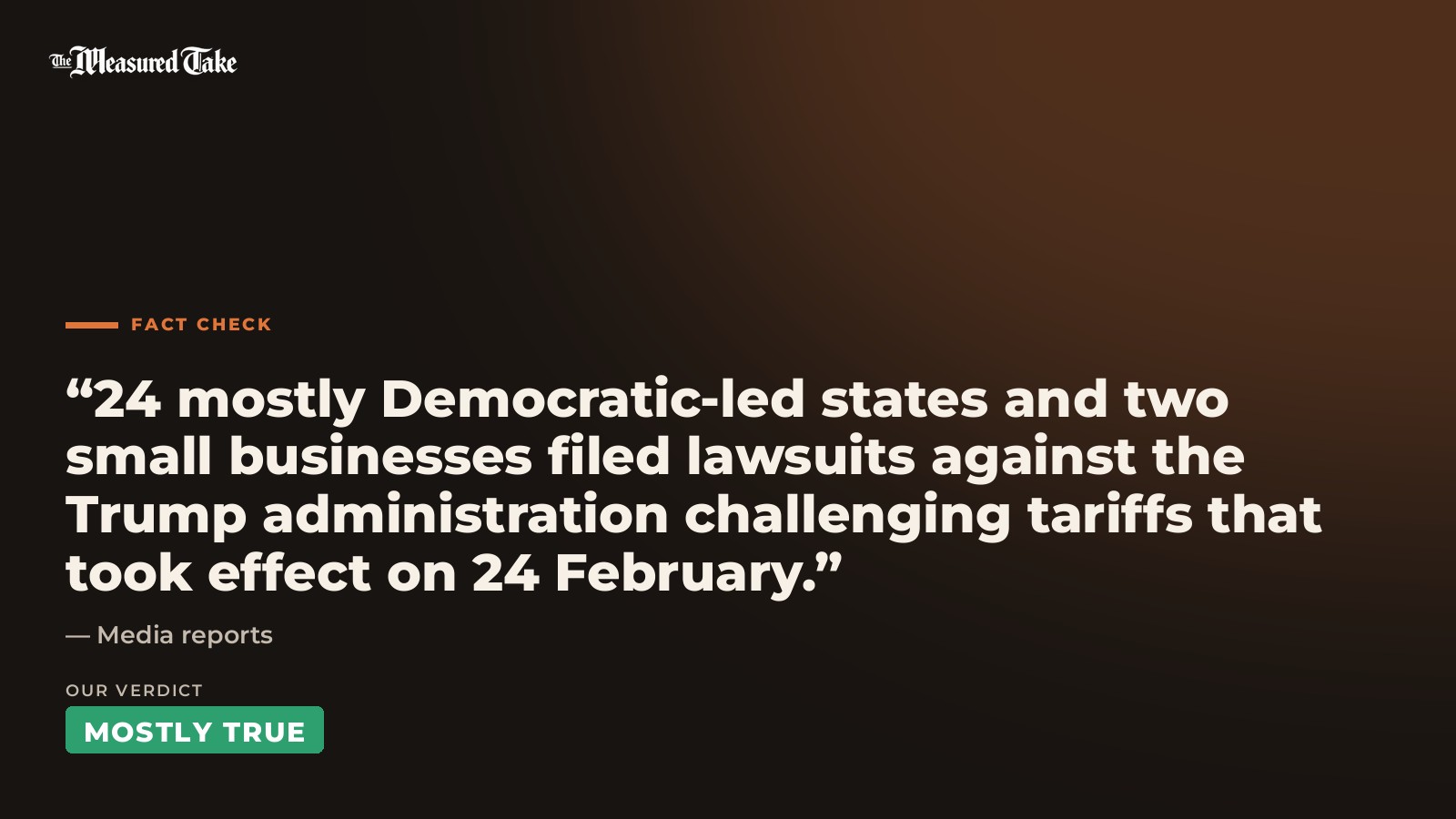 Media reports: “24 mostly Democratic-led states and two small businesses filed lawsuits against the Trump administration challenging tariffs that took effect on 24 February.”. Our verdict: Mostly True.