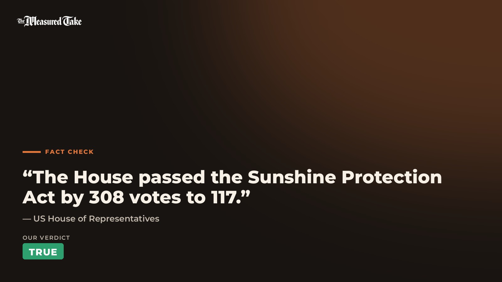 US House of Representatives: “The House passed the Sunshine Protection Act by 308 votes to 117.”. Our verdict: True.