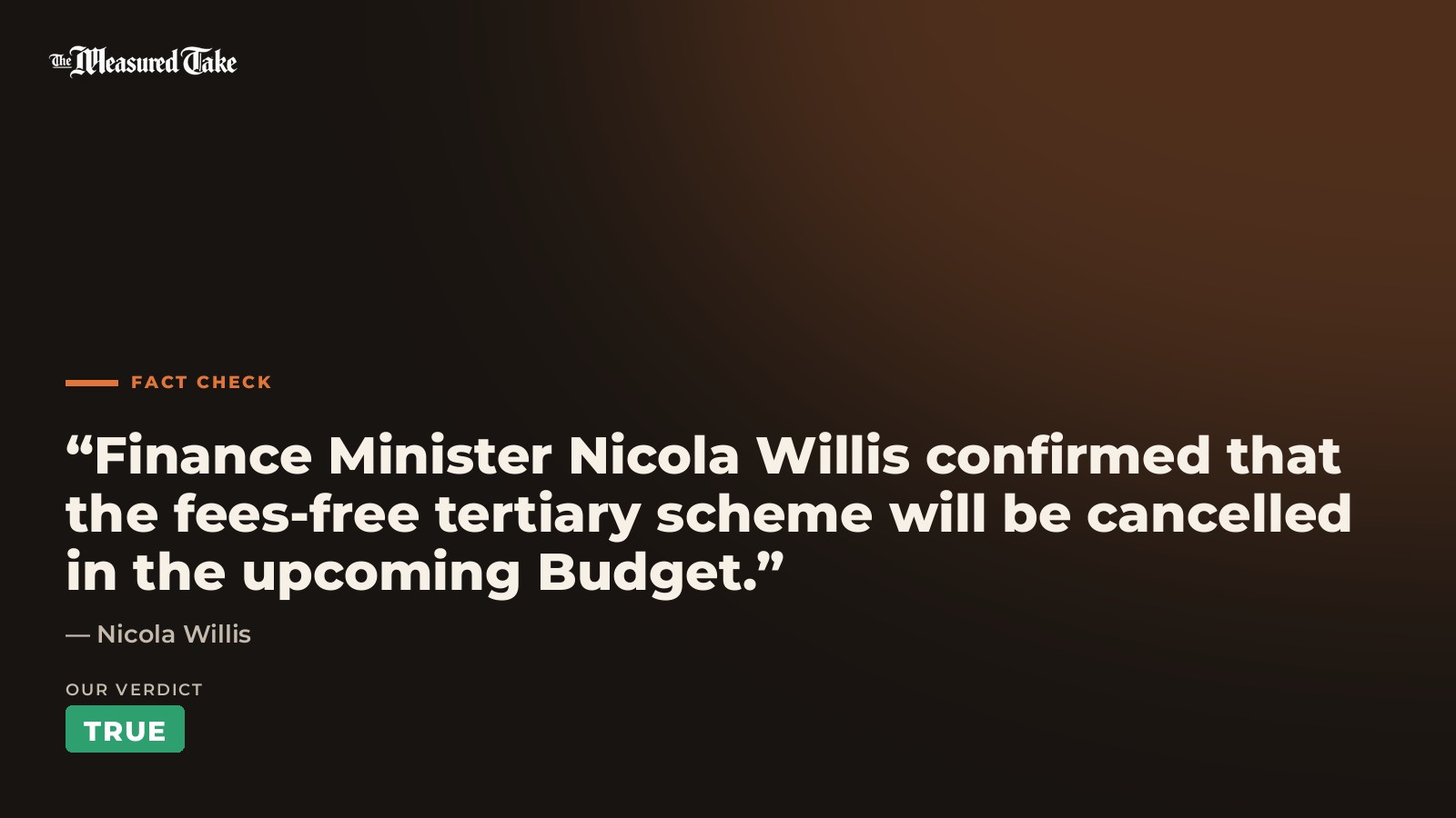 Nicola Willis: “Finance Minister Nicola Willis confirmed that the fees-free tertiary scheme will be cancelled in the upcoming Budget.”. Our verdict: True.