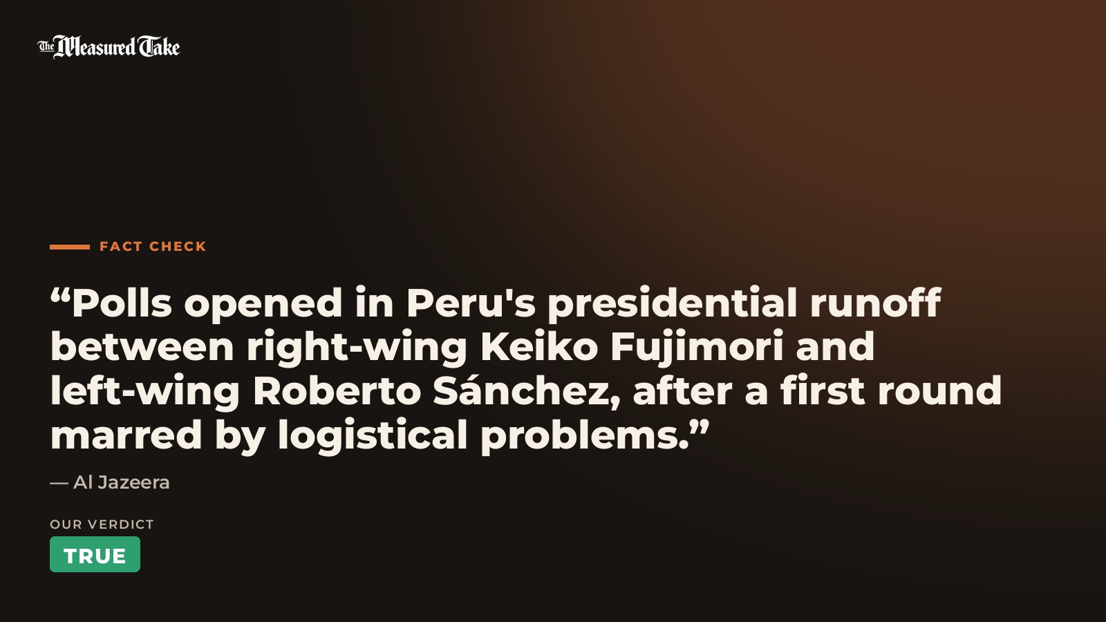 Al Jazeera: “Polls opened in Peru's presidential runoff between right-wing Keiko Fujimori and left-wing Roberto Sánchez, after a first round marred by logistical problems.”. Our verdict: True.