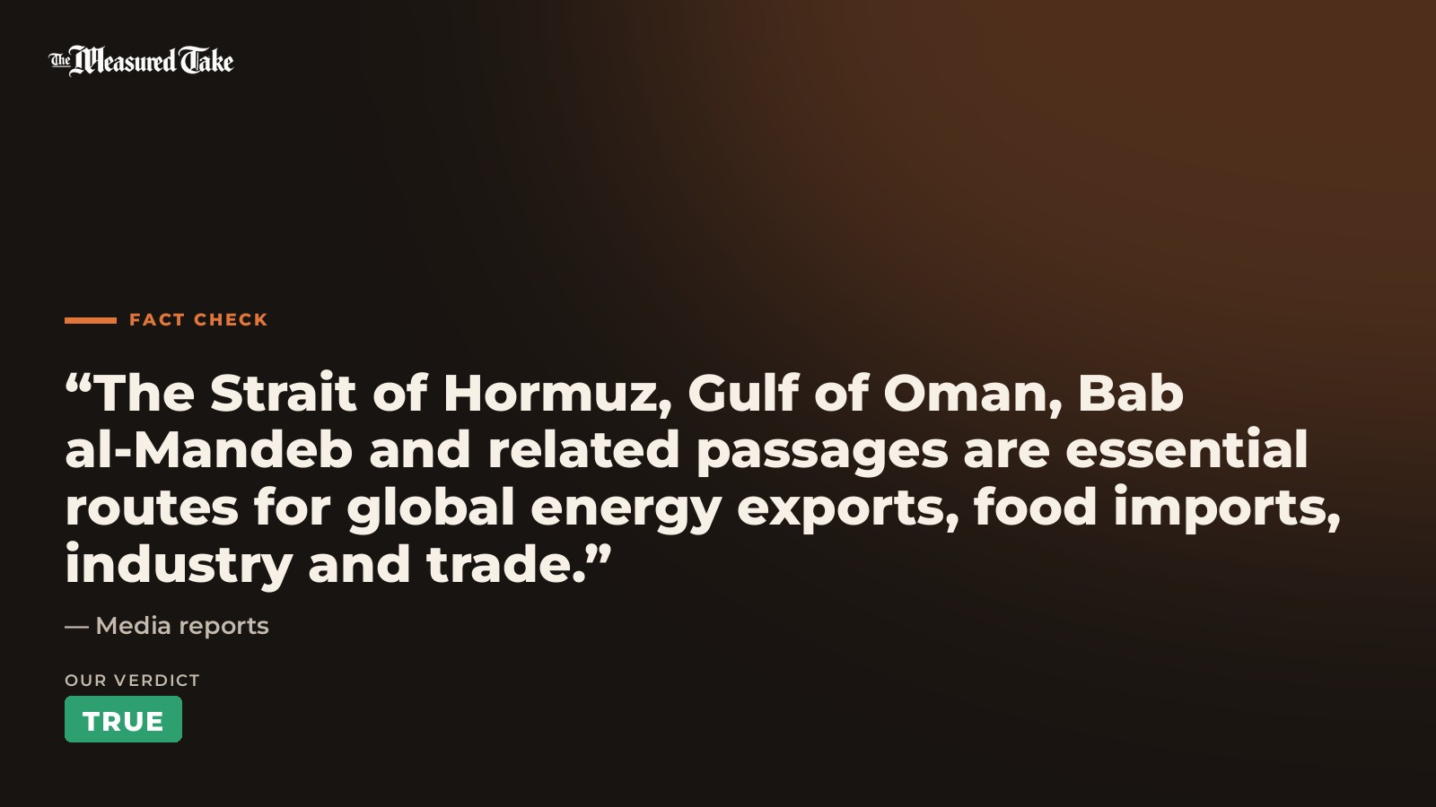 Media reports: “The Strait of Hormuz, Gulf of Oman, Bab al-Mandeb and related passages are essential routes for global energy exports, food imports, industry and trade.”. Our verdict: True.
