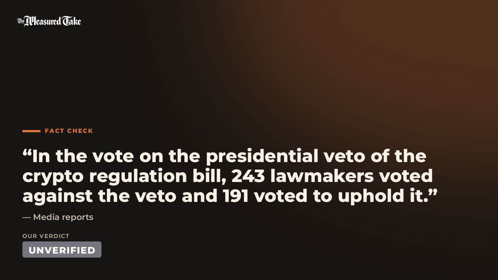 Media reports: “In the vote on the presidential veto of the crypto regulation bill, 243 lawmakers voted against the veto and 191 voted to uphold it.”. Our verdict: Unverified.