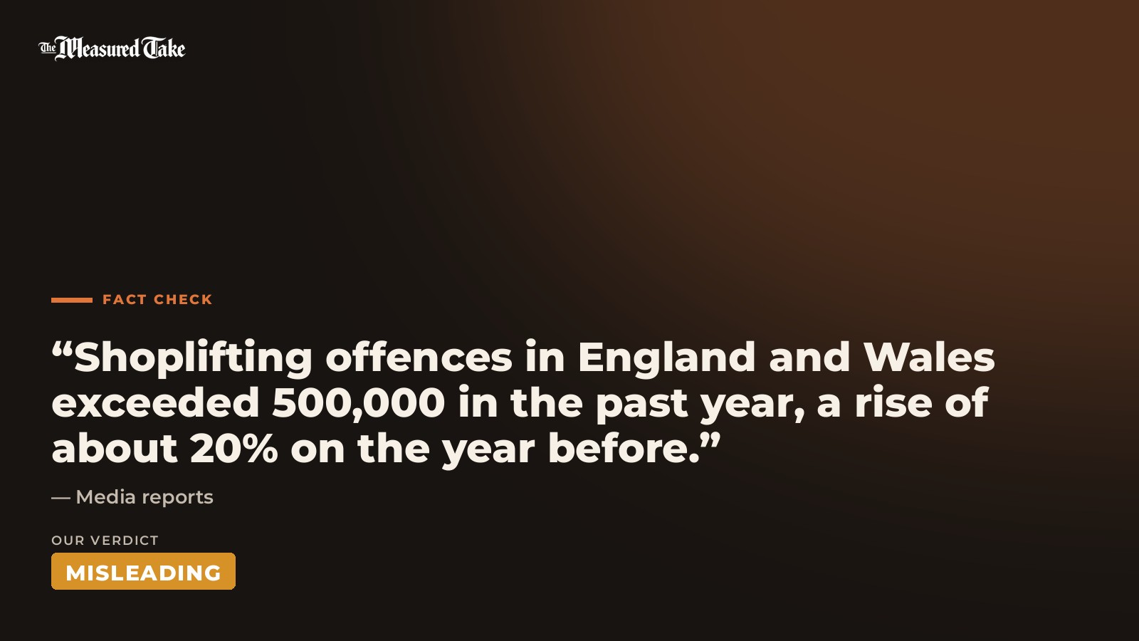 Media reports: “Shoplifting offences in England and Wales exceeded 500,000 in the past year, a rise of about 20% on the year before.”. Our verdict: Misleading.